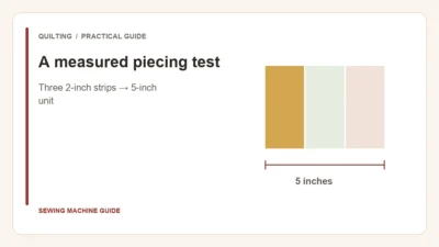 Editorial illustration: A measured piecing test. Three 2-inch strips → 5-inch unit.