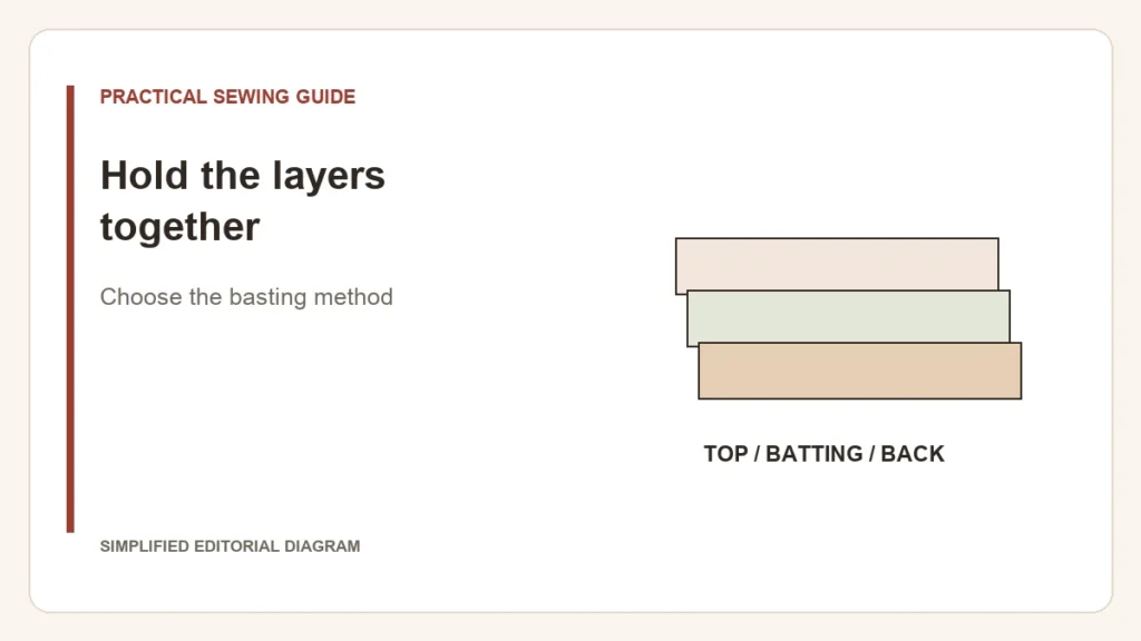 Simplified editorial diagram: Hold the layers together. Choose the basting method.
