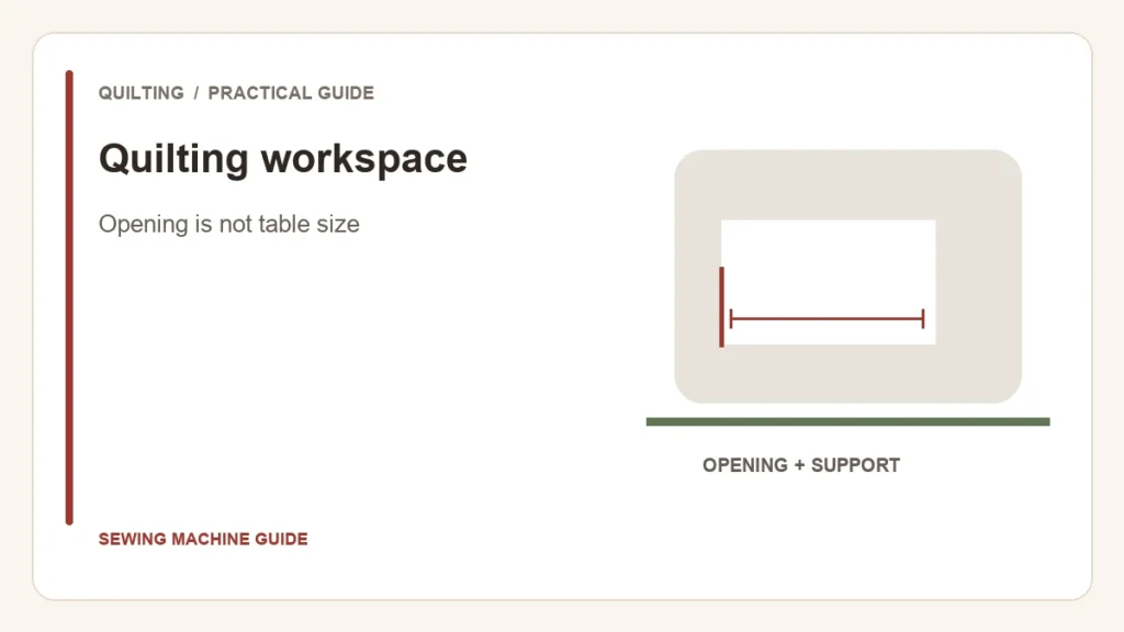 Editorial illustration: Quilting workspace. Opening is not table size.