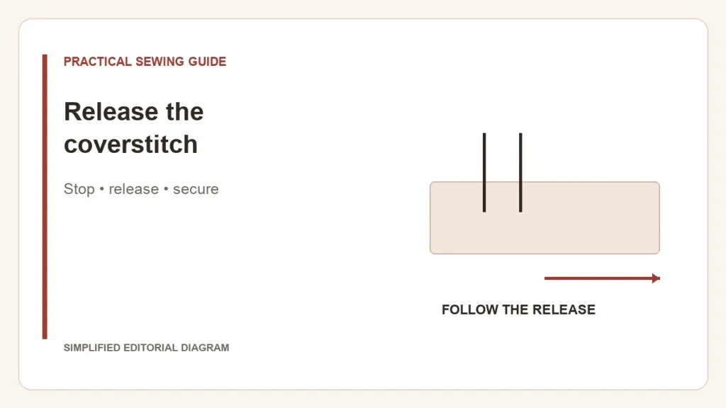 Simplified editorial diagram: Release the coverstitch. Stop • release • secure.
