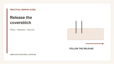 Simplified editorial diagram: Release the coverstitch. Stop • release • secure.