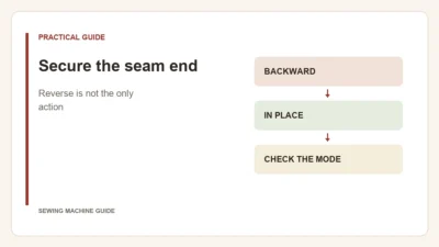 Editorial diagram: Secure the seam end. backward, in place, check the mode.