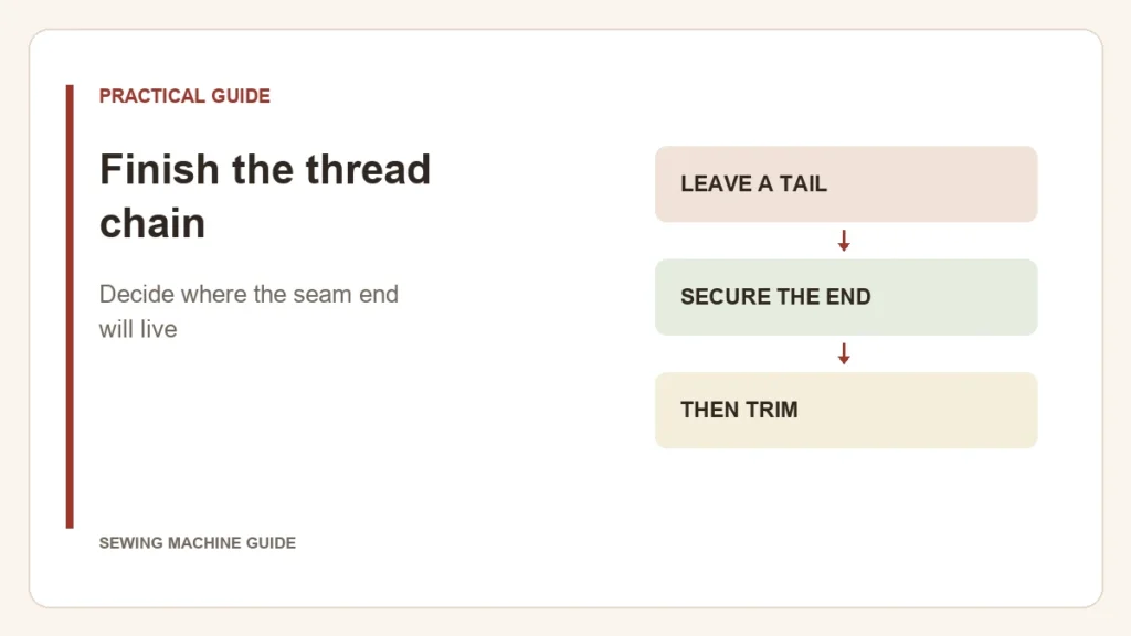Editorial diagram: Finish the thread chain. leave a tail, secure the end, then trim.