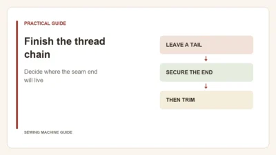 Editorial diagram: Finish the thread chain. leave a tail, secure the end, then trim.