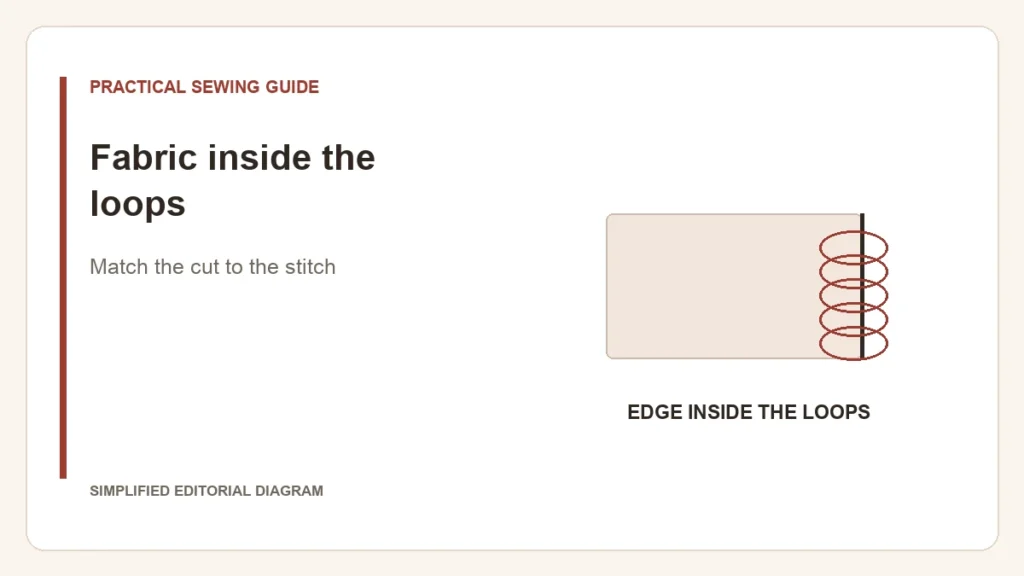 Simplified editorial diagram: Fabric inside the loops. Match the cut to the stitch.