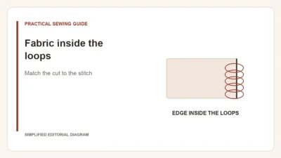 Simplified editorial diagram: Fabric inside the loops. Match the cut to the stitch.