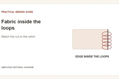 Simplified editorial diagram: Fabric inside the loops. Match the cut to the stitch.