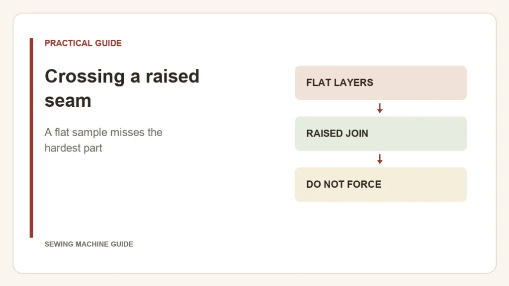 Editorial diagram: Crossing a raised seam. flat layers, raised join, do not force.