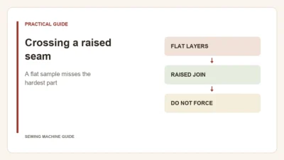 Editorial diagram: Crossing a raised seam. flat layers, raised join, do not force.