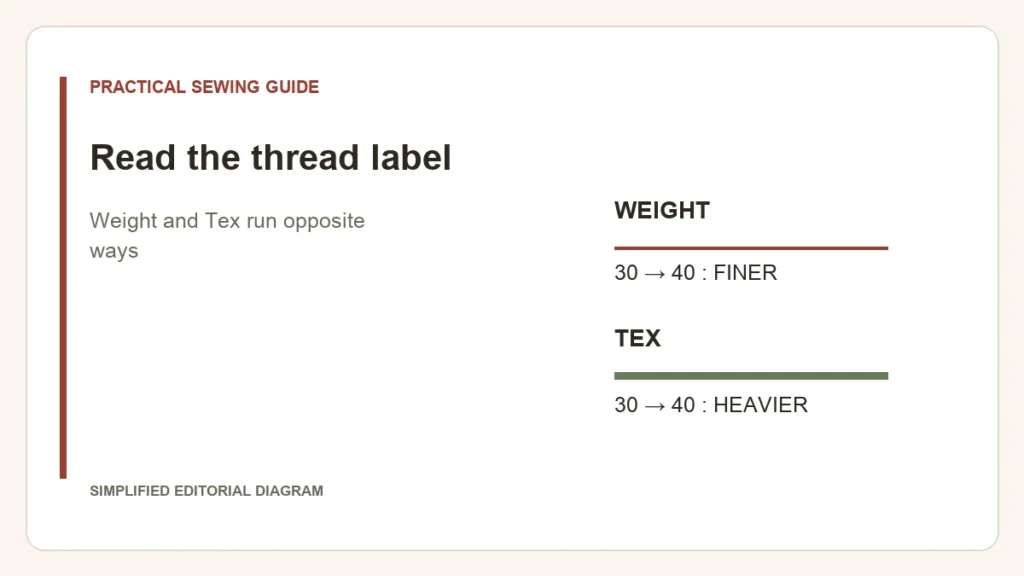 Simplified editorial diagram: Read the thread label. Weight and Tex run opposite ways.