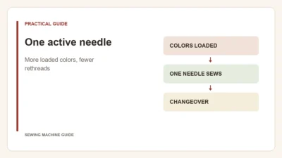 Editorial diagram: One active needle. colors loaded, one needle sews, changeover.