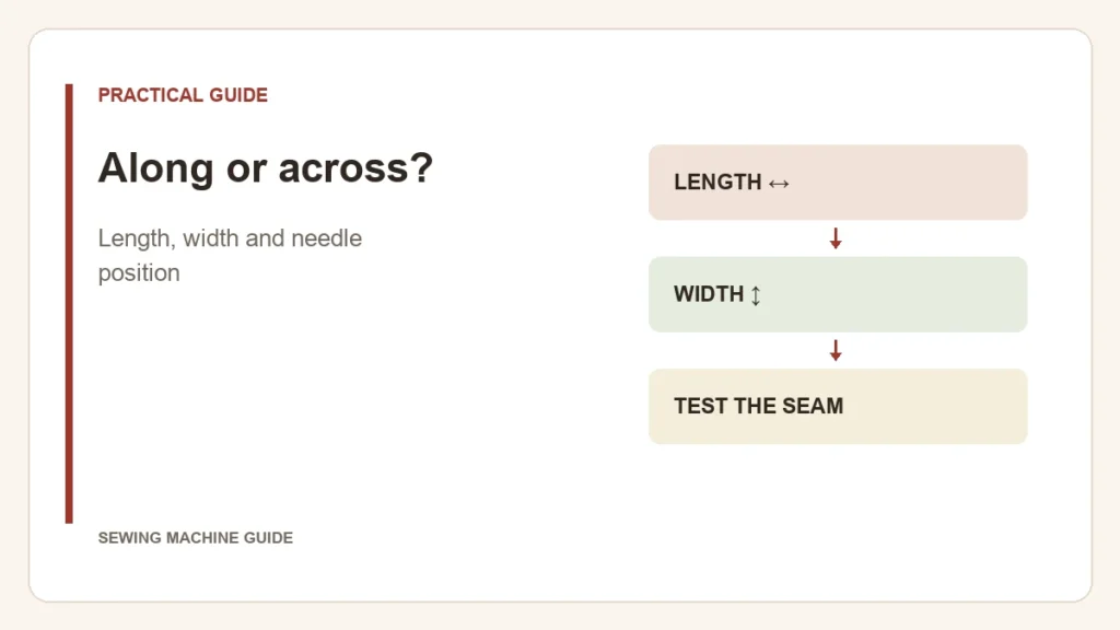 Editorial diagram: Along or across?. length ↔, width ↕, test the seam.