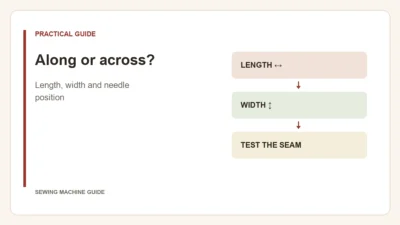 Editorial diagram: Along or across?. length ↔, width ↕, test the seam.