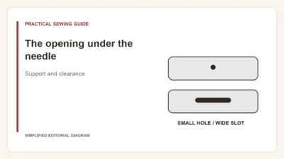 Simplified editorial diagram: The opening under the needle. Support and clearance.