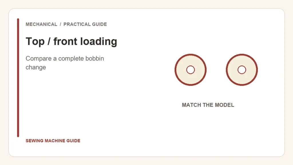 Editorial illustration: Top / front loading. Compare a complete bobbin change.