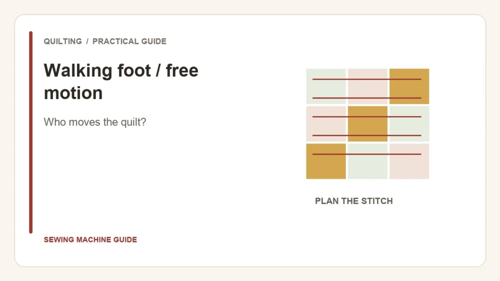 Editorial illustration: Walking foot / free motion. Who moves the quilt?.