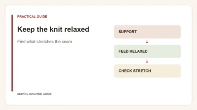 Editorial diagram: Keep the knit relaxed. support, feed relaxed, check stretch.